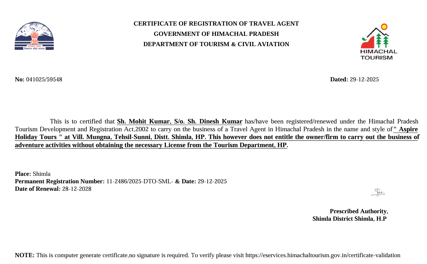 Aspire Holiday Tours Registration Certificate
